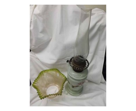 Victorian Oil Lamp with clear glass font, frilled frosted green tinted glass shade, and opaque glass font and body, 22" high 