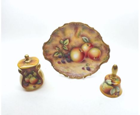 David R Bowkett (Ex Royal Worcester artist), Double-Handled Sandwich Dish decorated with stylised fruit; together with a furt