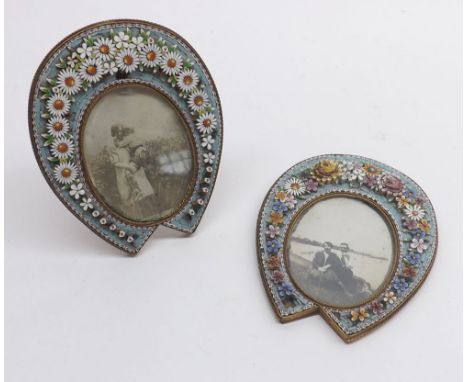 A Mixed Lot comprising: two horse-shoe shaped Micro Mosaic Picture Frames, both decorated with floral sprays, fitted with eas