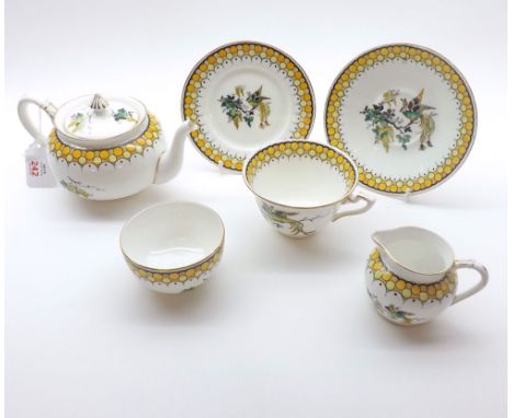 An Adderley Bachelors Tea Set comprising: Teapot, Milk Jug, Sugar Basin, Cup, Saucer and Side Plate, decorated with stylised 