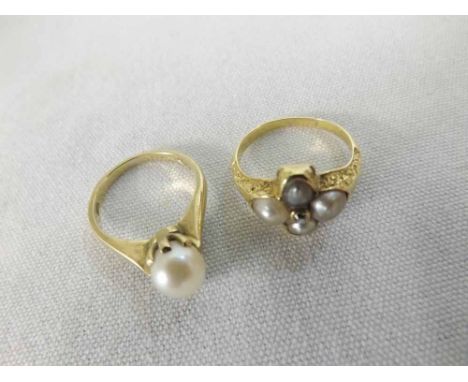 A yellow metal Ring, set with a Cultured Pearl, stamped "9ct", together with an early 20th Century unmarked yellow metal Ring