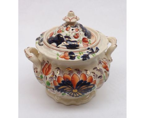 19th Century Staffordshire double handled Sugar Basin decorated with stylised foliage on a pale background, 6" high 