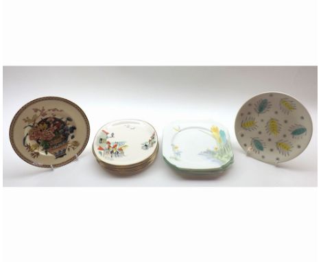 A Mixed Lot comprising: six retro Alfred Meakin Saucers, a Clarice Cliff Ophelia pattern Plate, four Shelley Side Plates and 