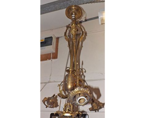 A late 19th/early 20th Century French Style Three-Branch Rise and Fall Hanging Light, central plain shaft with balustered bas