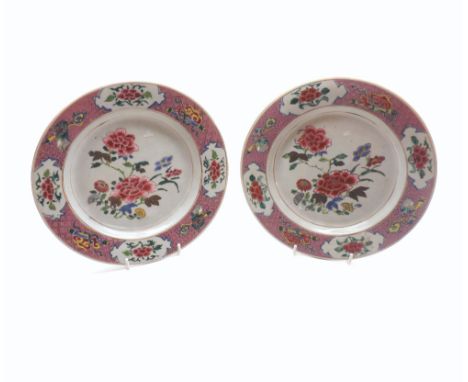 A pair of 18th Century Chinese Plates, the centres painted predominantly in famille rose with floral sprig designs within com