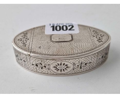 A George III oval snuff box with bright cut decoration, gilt interior, 3 1/4" long, London 1809 by TP &amp; ER