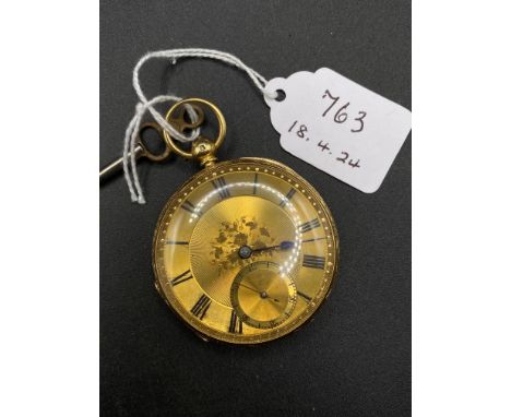 A ATTRACTIVE FLORAL ENGRAVED GENTS POCKET WATCH 18CT GOLD WITH GOLD COLOURED FACE SECONDS SWEEP COMPLETE WITH KEY W/O LONDON 