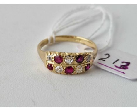 Edwardian 18ct gold ruby and diamond 2 row ring with rubies and diamonds set alternately, size N, 4.3g