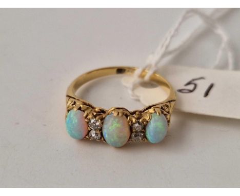 A VICTORIAN THREE STONE OPAL &amp; DIAMOND  ring in 18ct gold size K 3.2g boxed