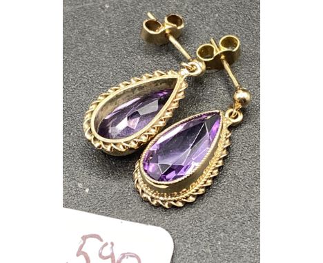 A pair of amethyst drop earrings, 9ct, 3.8 g
