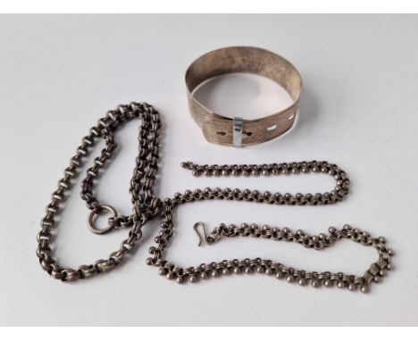 A silver bangle and two silver chains, 46 g.