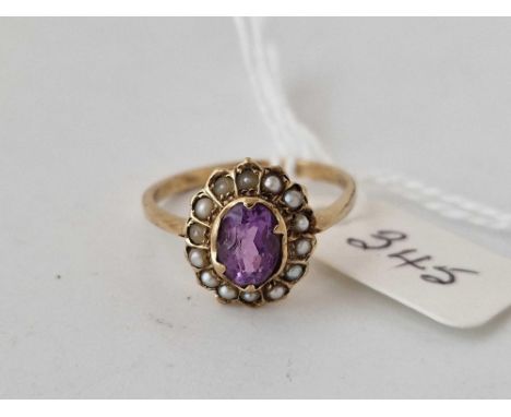 Pretty antique Amethyst and pearl cluster ring  Set in Gold Size O 2.3g