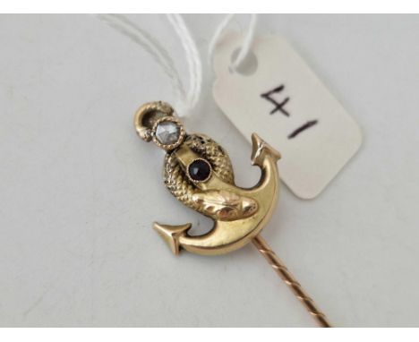 19c. vintage Diamond and ruby snake ‘Serpent of the Seas’curled around an anchor Stickpin boxed