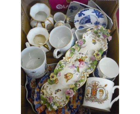 Japanese Imari fan shaped dish, similar shell shaped dish, Royal Worcester lozenge shaped cup and saucer decorated in orienta