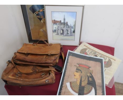 Two light tan leather satchels and a small collection of prints, Middle Eastern, Papyrus pictures etc 