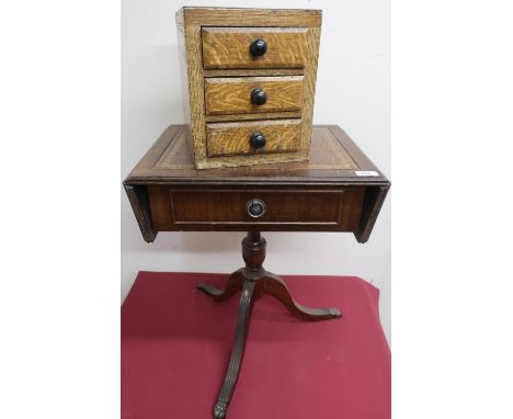 Reproduction mahogany drop-leaf sofa table with single frieze drawer, on turned column and three splayed supports, and a mini