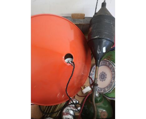 Vintage green enamel hanging lamp, painted metal conical shaped centre light, brass stair rods, etc 