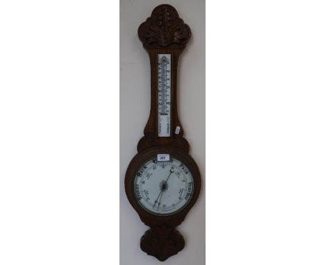 Edwardian golden oak aneroid wheel barometer with detachable box thermometer (lacking thermometer) (H85cm) 