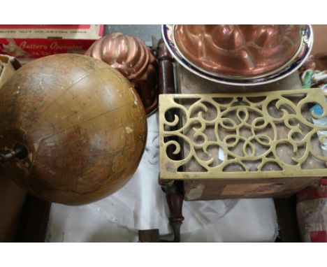 Two Victorian style copper and brass jelly moulds, a terrestrial globe (a/f), an early 20th C pine "The Trade Dry Soap", a fr