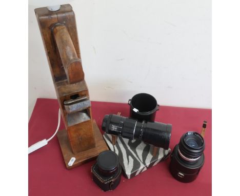 19th C beech jack plane, converted to a table lamp, various screwfit camera lenses 