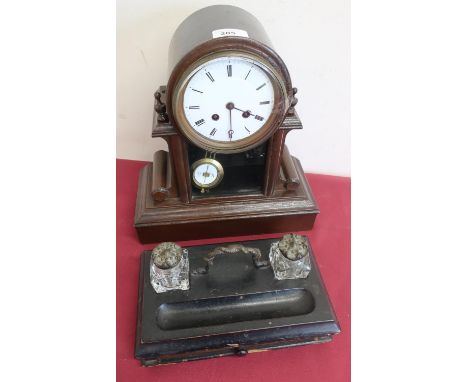 Continental drum head mantle clock, white dial, visual pendulum, striking movement and a late victorian ebonised and walnut d