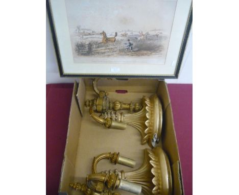 Victorian hunting print "Pippin's On The Wrong Side Of The Hedge", published January 1863, pair of carved and gilt wood two b