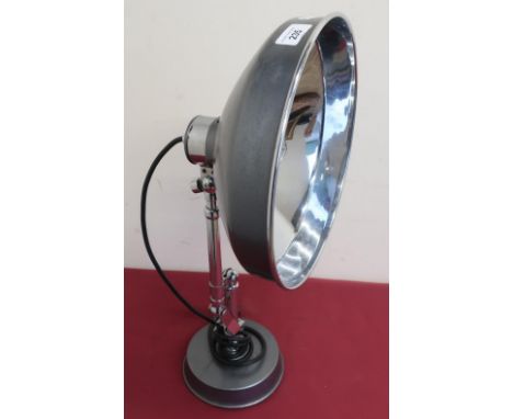 Industrial brushed metal lamp on chromed metal adjustable stand and circular base, (H50cm) 