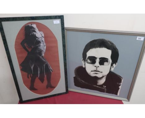 Monochrome watercolour depicting Elton John, signed John, June '72, and a pastel full length portrait of a scantily clad woma