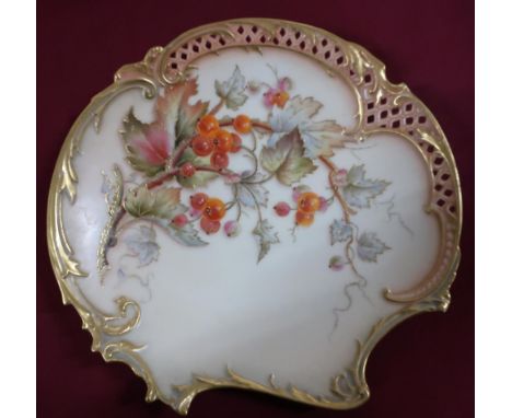 Royal Worcester shaped circular cabinet plate, with pierced border, centre painted with berries on a blush ivory ground, shap