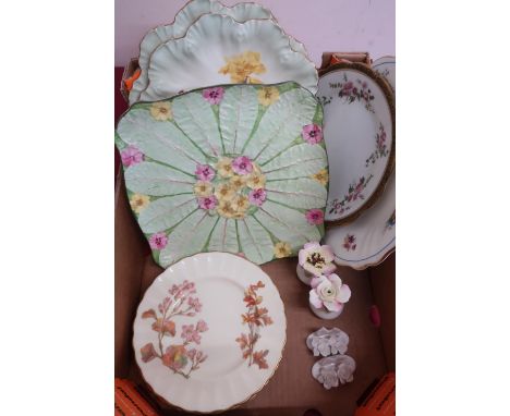 Pair of Royal Worcester circular tea plates decorated with foliage and gilt on a cream ground, a pair of Limoges circular pla