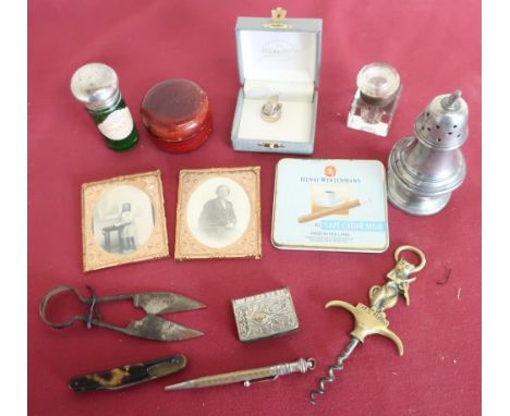 Pair of miniature steel sheep shears, pair bright cut silver hooped earrings stamped silver, small glass inkwell,a pewter cas