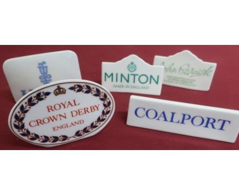 Porcelain makers display name plaques: Coalport, Minton, John Beswick, Lladro and Royal Crown Derby (5) 