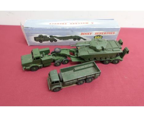 Dinky Supertoys Tank Transporter 660 with Centurion tank in blue striped box, and a Dinky Toys 10 ton army truck (2) 