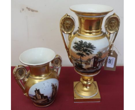 Pair of 19th C Dresden style ornamental vases of classical form, extensively gilded hand painted landscape and seascape panel