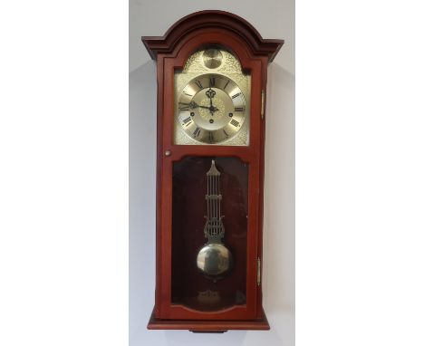 Mahogany cased wall clock, brass dial stamped AMS three train movement striking quarter hours and an  oak cased aneroid barom