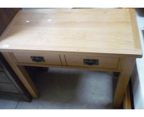 Modern light oak two drawer side table on square supports (90cm x 45cm x 77cm) 