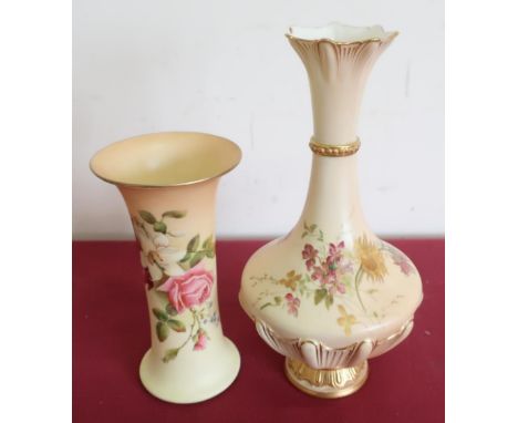 Royal Worcester trumpet shaped vase, body painted with pink roses and other garden flowers on a blush ivory ground, shape G92