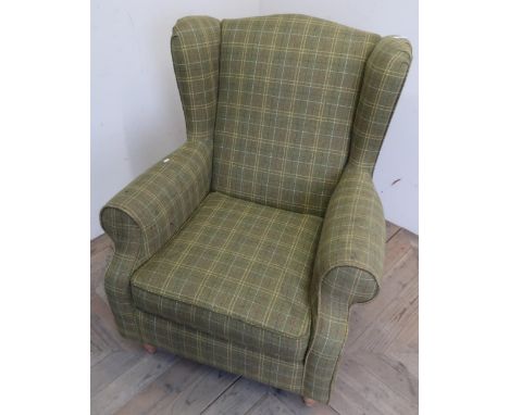 Next tweed check upholstered wingback armchair on turned light wood support 