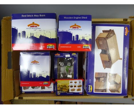Seven Bachmann Scenecraft 'OO' gauge trackside buildings: Wooden Goods Shed, Wooden Engine Shed, Red Brick Hay Barn, Rural Wo