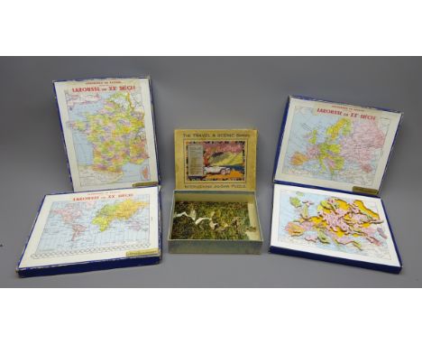 Four wooden jig-saws comprising three Jeux Artistiques maps entitled 'Planisphere', 'France Par Departements' and 'Europe' an