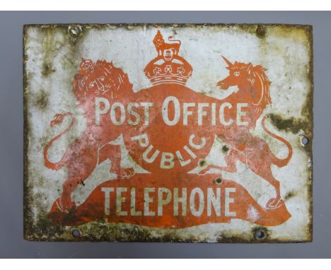 Post Office Public Telephone oblong two-sided enamel sign by Bruton London, in red on a white ground 38 x 51cm