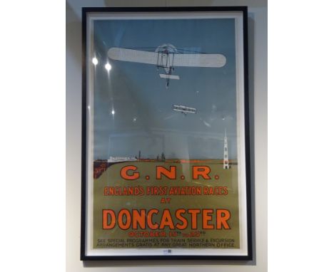 Vintage Aviation poster 'G.N.R. England's First Aviation Races at Doncaster', 104cm x 67cm, ebonised frame Condition Report C