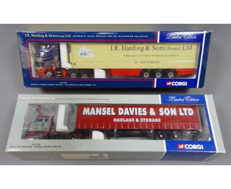 Corgi CC12215 1/50 scale J R Harding Scania Series 4 Fridge Trailer, Ltd.ed.984/2600.and CC13108 Mansel Davies Volvo F88 Taut