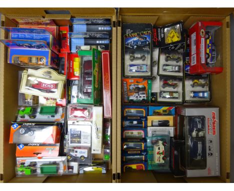 Wall mounting open display rack containing fifteen die-cast promotional models by Corgi, Matchbox, Lledo etc and a quantity o