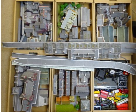 'OO' gauge: large quantity of kit-built cardboard and plastic trackside buildings including stations and platforms, engine sh