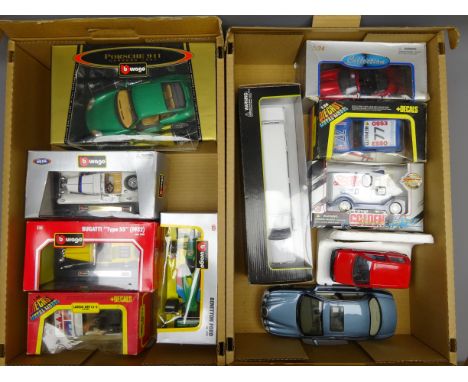 Six Burago large scale die-cast models including Porsche 911, Bugatti Type 55, Benetton Ford racing car etc and five other la