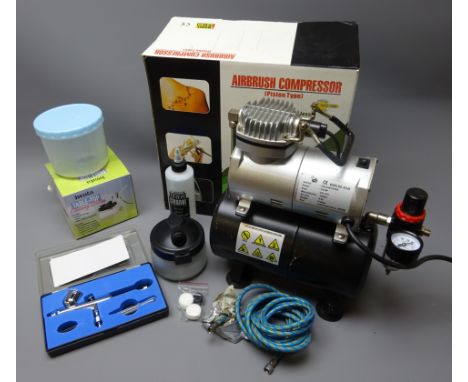 Model AS186 Airbrush Compressor (Piston Type), boxed, cased airbrush set, Iwata Table-top cleaning station etc