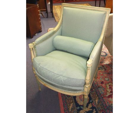 BERGERE, 19th century French painted in Directoire style with seat and bolster cushions in light blue fabric, 65cm W.