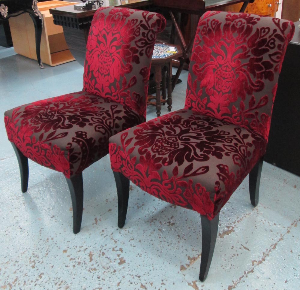 DINING CHAIRS, a set of six, with red wine coloured patterned