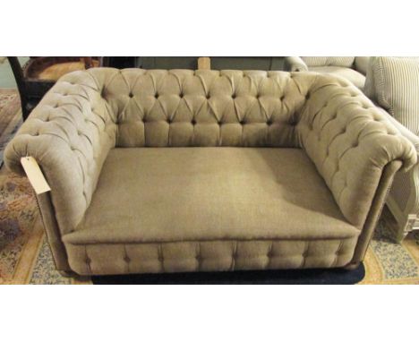 CHESTERFIELD SOFA, newly upholstered with rustic linen fabric, 152cm W x 87cm D x 70cm H maximum.